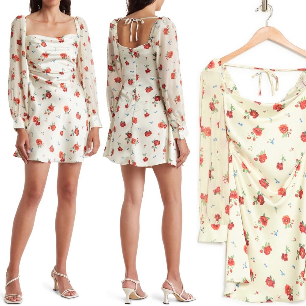 NWT WeWoreWhat Cream Red Floral Satin Mini Dress